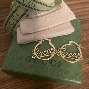 Gucci Gold Script Hoop Earrings with Crystal Accent